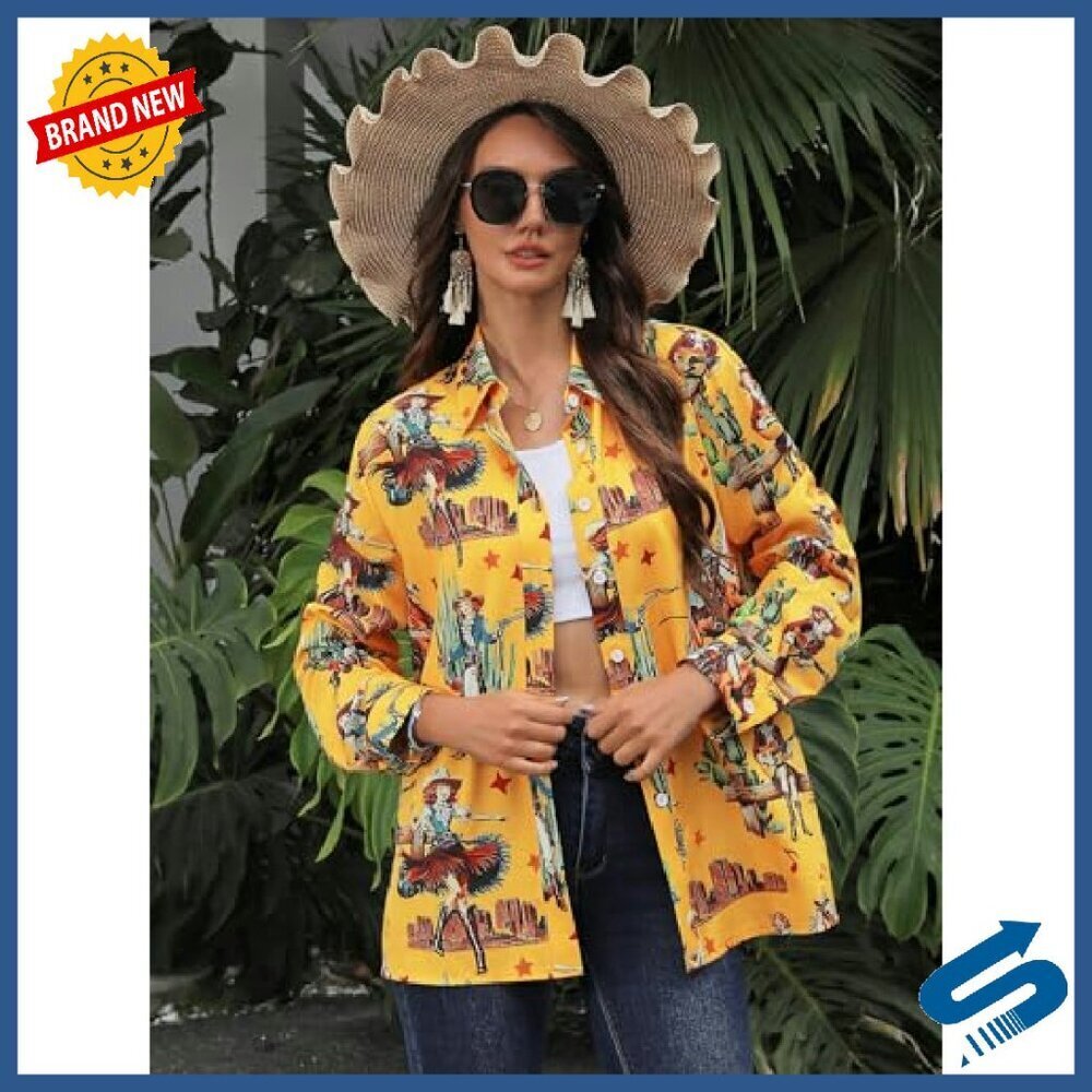 Women's Western Cowgirl Graphic Button Down Shirt 3/4 Sleeve Polyester - Picture 3 of 8